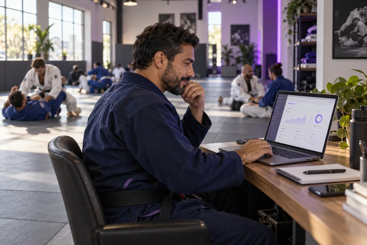 Brazilian Jiu-Jitsu professor reviewing an academy dashboard on a laptop beside the training mats
