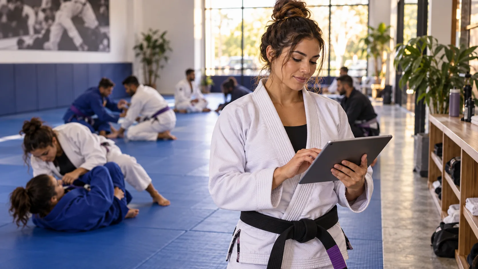 Brazilian Jiu-Jitsu professor checking academy information on a tablet during training