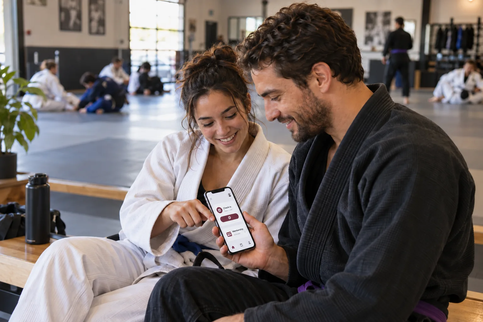 Two Brazilian Jiu-Jitsu students reviewing a member app together on a phone at the academy